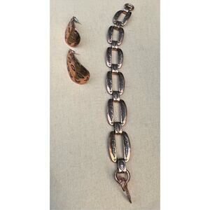 Vintage Large Copper Stamped Etched Link Bracelet 8" Earring Set Artisan